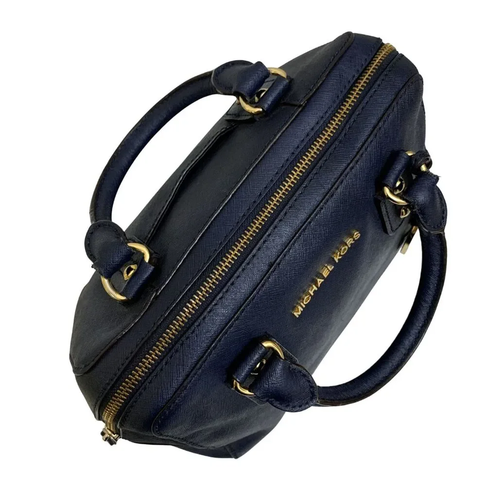 Michael Kors Saffiano Leather Satchel Crossbody Navy Gold MK Charm - Picture 6 of 13